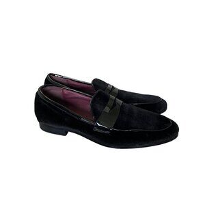 Perry Ellis Mens Black Velvet Loafers Size 7.5 With Patent Leather Accent